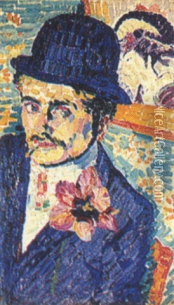 Portrait De Jean Metzinger Ou L'homme A La Tulipe Oil Painting - Robert Delaunay