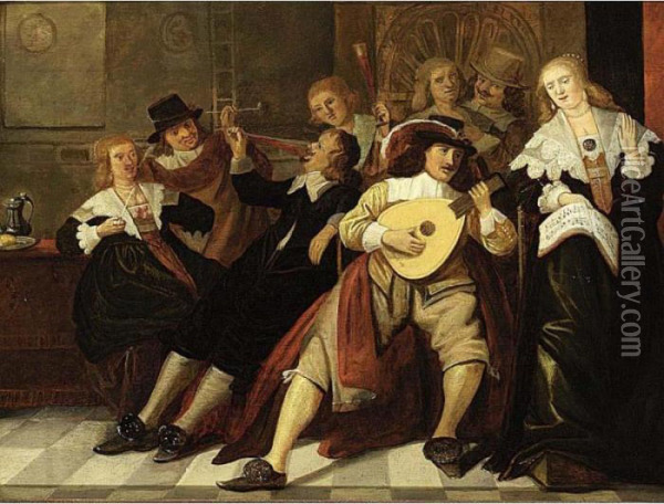 An Elegant Company Making Music And Drinking In An Interior Oil Painting - Antonie Palamedesz