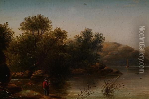 A Lake Scene With Angler On The Shore Oil Painting - Henry Boddington