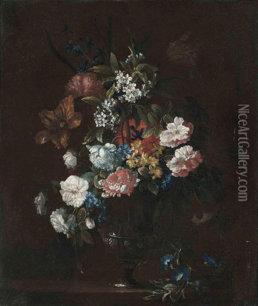 Roses, Tulips, Carnations And Other Flowers In A Sculptured Urn On A Stone Ledge Oil Painting - Simon Hardime