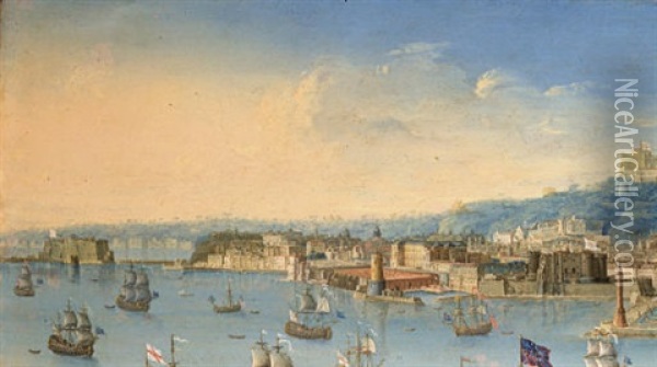 A View Of Naples From The Sea With A British Man-o-war Firng A Salute Oil Painting - Charles-Leopold Grevenbroeck