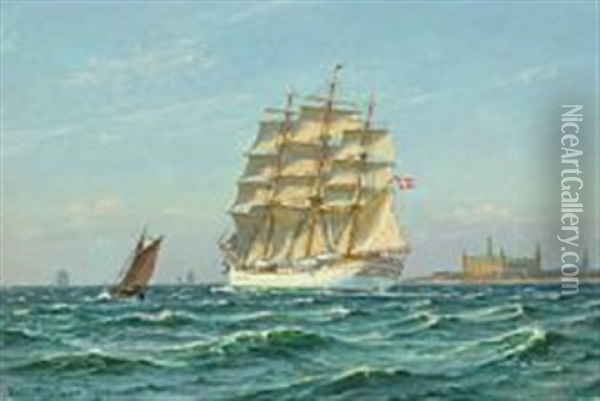 The Danish Training Ship Danmark Off The Coast Of Elsinore Castle Oil Painting - Vilhelm Karl Ferdinand Arnesen