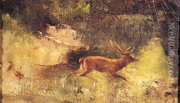 Stag Running through a Wood, c.1865 Oil Painting - Jean-Baptiste-Camille Corot