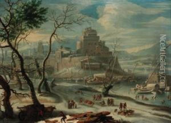 A View Of An Italian Walled Town In Winter, Thought To Beverona Oil Painting - Francesco Foschi
