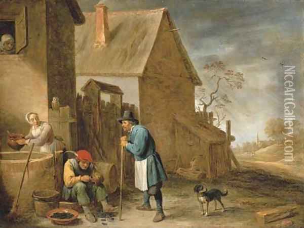A peasant eating mussels at a farm, with a woman at a well and a man with his dog, a landscape with a church beyond Oil Painting - David III Teniers