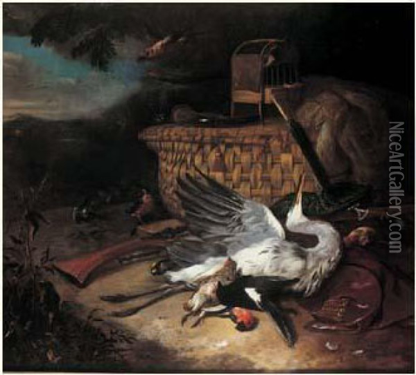 Trophee De Chasse Pres D'un Panier D'osier Dans Un Paysage Oil Painting - Jacobes Vonck
