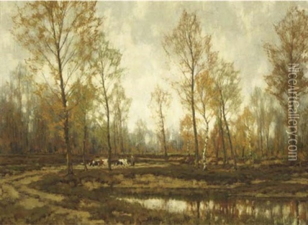 Driving The Cattle Past A Lake In Autumn Oil Painting - Arnold Marc Gorter