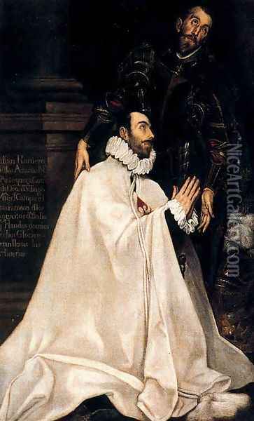 Julian Romero de las Azanas and his Patron Saint 1585-90 Oil Painting - El Greco (Domenikos Theotokopoulos)