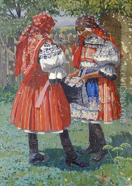 Girls In Folk Costumes Oil Painting - Anton Frolka