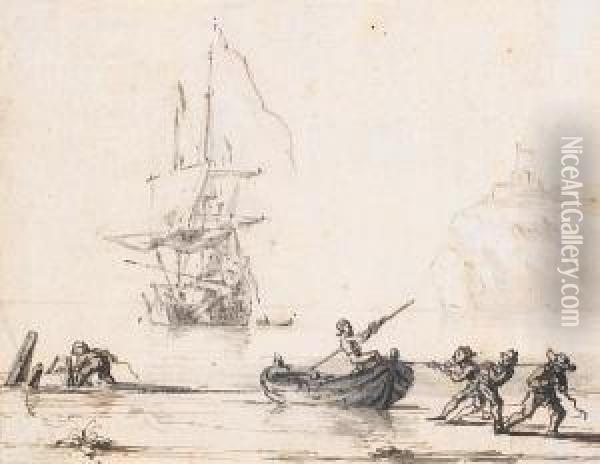 A Ship Moored, With Figures In Theforeground Oil Painting - Jan Jansz. Van De Velde