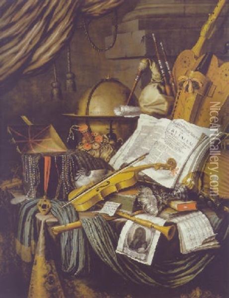 A Vanitas Still Life: A Globe, A Casket Of Jewels And Medallions, Books, A Hurdy Gurdy, A Bagpipe, A Lute And Other Objects Oil Painting - Edward Collier