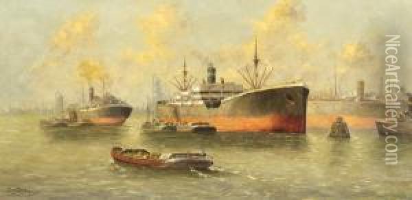 Ships In The Harbour Of Rotterdam Oil Painting - Gerardus Johannes Delfgaauw