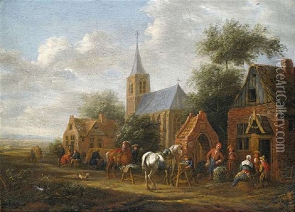 Rastende Reiter Vor Einer Dorfschenke Oil Painting - Cornelisz van Essen