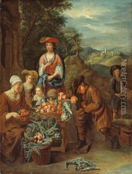 A Vegetable Stall With Figures, A Restingsavoyard And His Marmot Oil Painting - Pieter Snyers