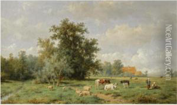 Cattle In A Summer Landscape Oil Painting - Anthonie Jacobus Van Wyngaerts