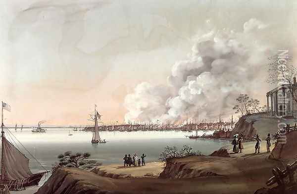 View of New York after The Great Fire Taken from Brooklyn, 1835 Oil Painting - Nicolino Calyo