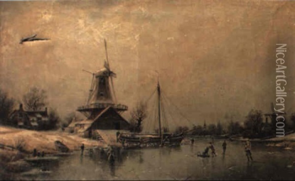 Skaters On A Frozen River Before A Windmill Oil Painting - Johannes Bartholomaeus Duntze