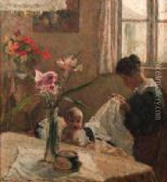 A Sunlit Interior With A Mother Sewing By A Baby Oil Painting - Jacobus Frederick Sterre De Jong