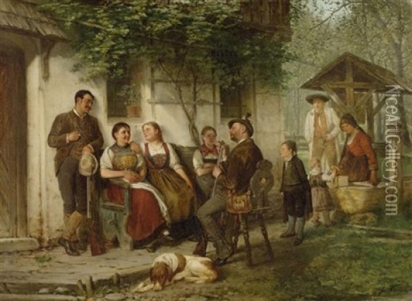 Familie Vor Dem Haus Oil Painting - Josef Kinzel