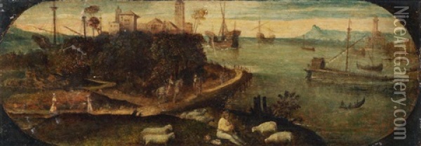 A Shepherd And His Flock Before A Harbour Town, Within A Painted Oval Oil Painting -  Giorgione