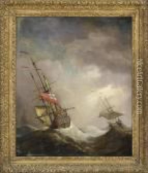 An English Ship At Sea Running In A Gale Oil Painting - Willem van de, the Elder Velde