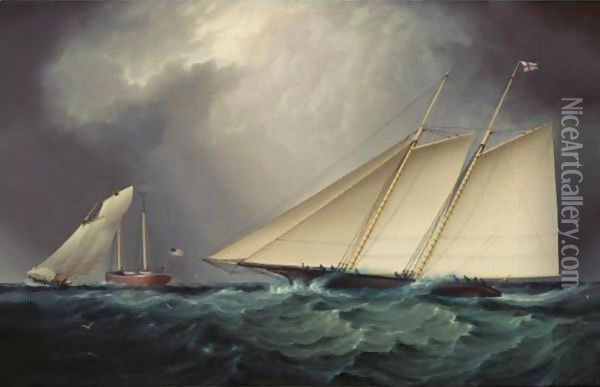 Columbia Vs. Livonia, Racing Off Sandy Hook Oil Painting - James E. Buttersworth