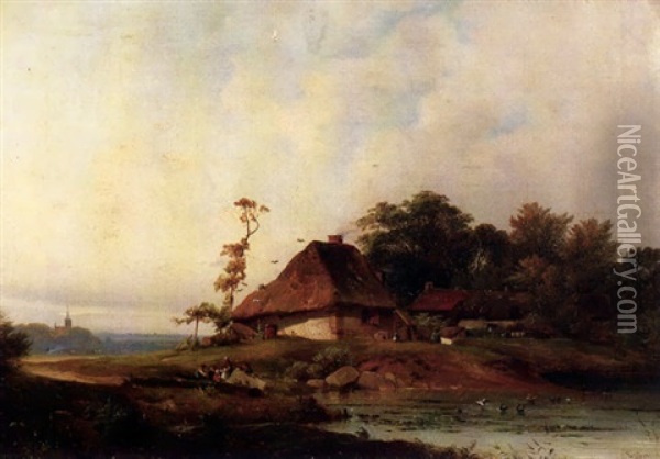 Landschaft Mit Riedgedeckten Bauernhausern Vor Einem Wald Am Teich Oil Painting - Carl Hilgers