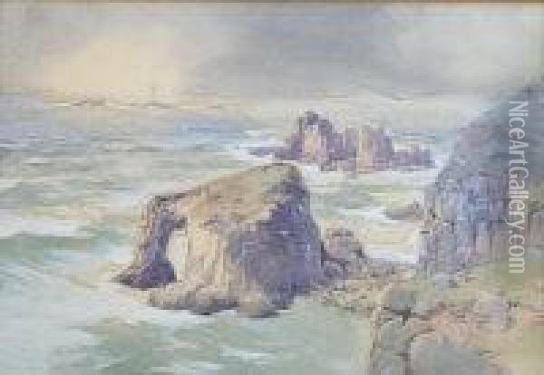 Rocky Coast, A Lighthouse In The Distance Oil Painting - John Baragwanath King