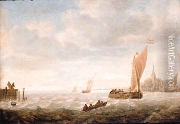 A wijdschip before the wind approaching a harbour Oil Painting - Hieronymus Van Diest