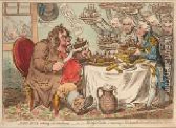 John Bull Taking A 
Luncheon:-0r-british Cooks, Cramming Old Grumble Gizzard With Bonne 
Chere Oil Painting - James Gillray