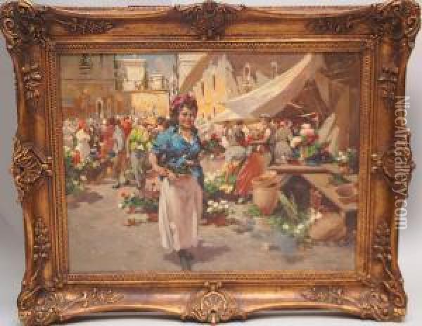 Woman In Flower Market Oil Painting - W. Emery Vizkelety
