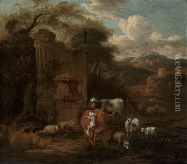 A Mountainous Landscape With A Herd Of Cattle, Sheep And Goats At Water Oil Painting - Michiel Carree