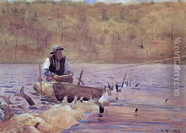 Man in a Punt, Fishing Oil Painting - Winslow Homer