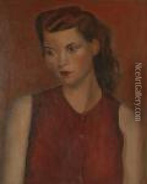 Portrait Of A Girl In A Red Dress Oil Painting - Bernard Meninsky