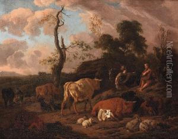 An Italianate Landscape With A 
Traveller Asking Directions Of A Shepherd Surrounded By Sheep And Cattle Oil Painting - Dirk van Bergen