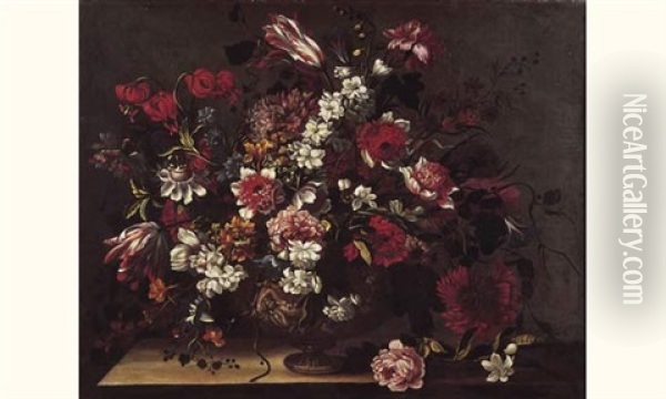 Bouquet De Fleurs Dans Un Vase Sculpte Oil Painting - Nicolas Baudesson