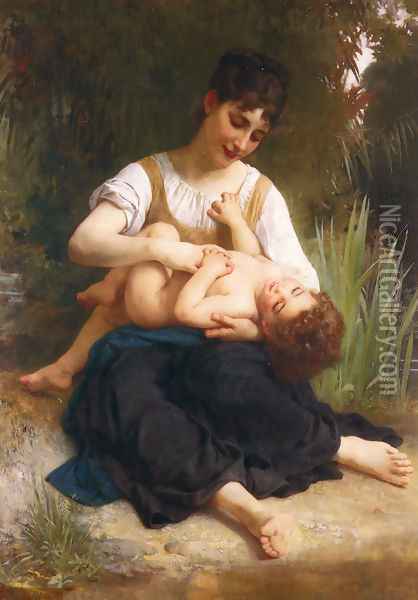 Les joies d'une mère (jeune fille chatouillant un enfant ) (The Joys of Motherhood (Girl Tickling a Child)) Oil Painting - William-Adolphe Bouguereau