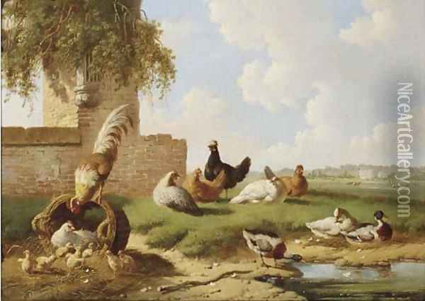 Poultry by a ruin, a country house in the distance Oil Painting - Albertus Verhoesen