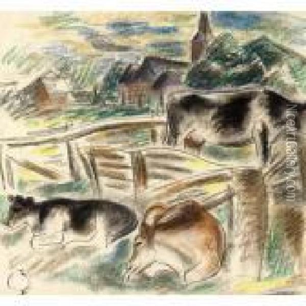 Cows In A Landscape Oil Painting - Leo Gestel