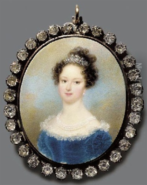 A Young Lady In Lace-bordered Blue Velvet Dress, Triple Strand Pearl Necklace, Flowers In Her Upswept Dark Curling Hair Oil Painting - Friedrich Ludwig von Golssenau Vieth