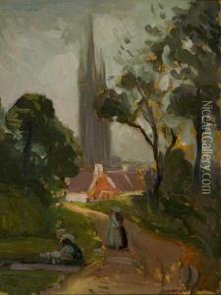 Scene Of A Cathedral And House With Figures In The Foreground Oil Painting - Charles H. Walthers