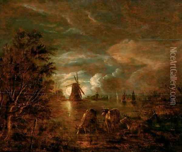 A moonlit river landscape with cows in the foreground, a windmill beyond Oil Painting - Aert van der Neer