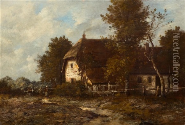 Farm Building With A Peasant Woman In A Landscape Oil Painting - Leon Richet