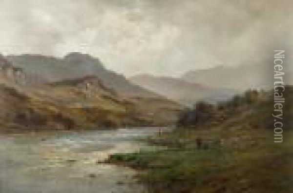 The Llugwy In Flood - Capel Curig Oil Painting - Alfred de Breanski