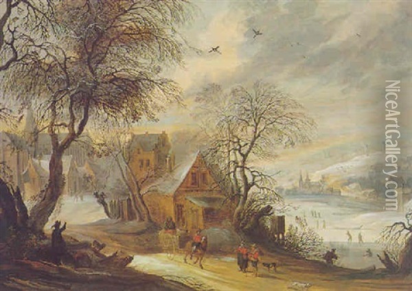 A Winter Landscape With A Village, And A Horse-drawn Cart With Figures On A Track Oil Painting - Daniel van Heil