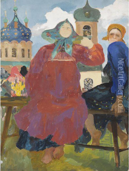 Russian Peasant Women By A Church Oil Painting - Philippe Andreevitch Maliavine