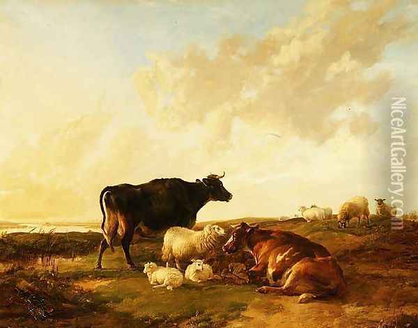 Landscape with Cows and Sheep, 1850 Oil Painting - Thomas Sidney Cooper