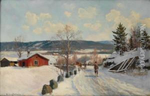 Vinterlandskap Med Gardsbruk Og Folkeliv Oil Painting - Andreas Singdahlsen