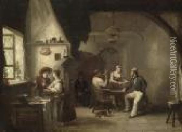 A Plymouth Tavern Interior With 
Men Smoking At A Table, A Negro Seated And A Couple Conversing By A 
Window Oil Painting - Condy, Nicholas Matthews