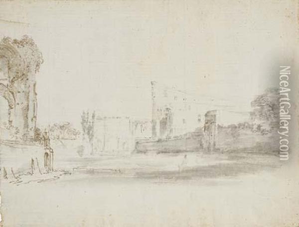 A View Of The Roman Forum With The Colosseum And The Arch Ofconstantine Oil Painting - Stefano della Bella